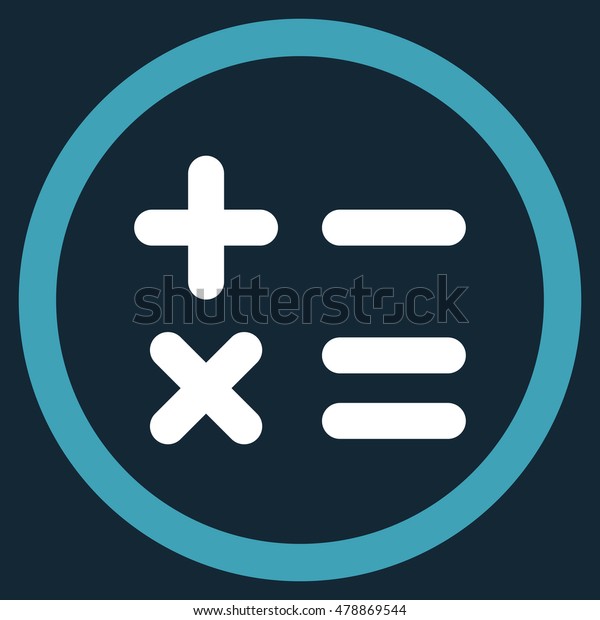 Calculator vector bicolor rounded icon. Image\
style is a flat icon symbol inside a circle, blue and white colors,\
dark blue\
background.