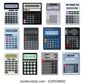 Calculator vector business accounting calculation technology calculating finance illustration set of mathematical object with buttons calculated mathematics numbers isolated on white background.