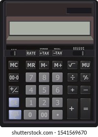 Calculator. Vector. Desktop large office calculator. The device for calculating. With additional features. Black plastic calculator. Isolated object. View from the top. Front.