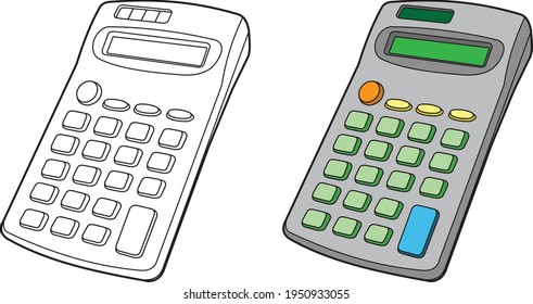 Calculator vector drawings, cartoon vector, line art and color