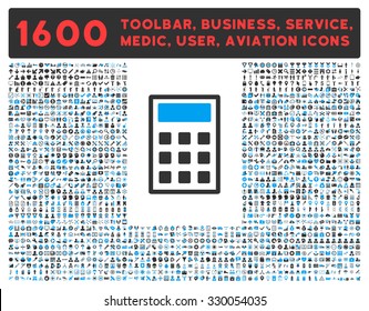 Calculator vector icon and 1600 other business, service tools, medical care, software toolbar, web interface pictograms. Style is bicolor flat symbols, blue and gray colors, rounded angles, white