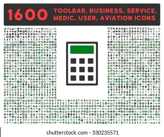 Calculator vector icon and 1600 other business, service tools, medical care, software toolbar, web interface pictograms. Style is bicolor flat symbols, green and gray colors, rounded angles, white