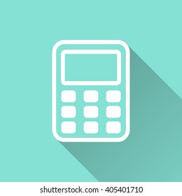 Calculator   vector icon with long shadow. White illustration isolated on green background for graphic and web design.  