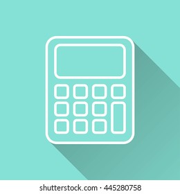 Calculator vector icon with long shadow. White illustration isolated on green background for graphic and web design.