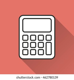 Calculator vector icon with long shadow. IIllustration isolated on red background for graphic and web design.