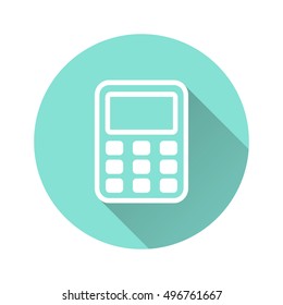 Calculator vector icon with long shadow. White illustration isolated for graphic and web design.