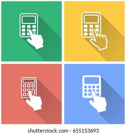 Calculator vector icon with long shadow. White illustration isolated on color background for graphic and web design.