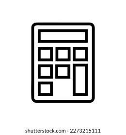 Icono del vector de la calculadora, estilo de esquema, aislado en fondo blanco.