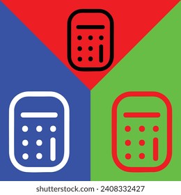 Calculator Vector Icon, Outline style, isolated on Red, Green and Blue Background.