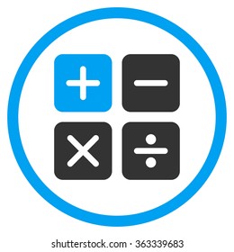Calculator vector icon. Style is bicolor flat circled symbol, blue and gray colors, rounded angles, white background.