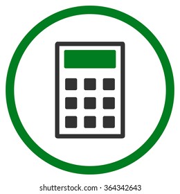 Calculator vector icon. Style is bicolor flat circled symbol, green and gray colors, rounded angles, white background.