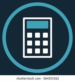 Calculator vector icon. Style is bicolor flat circled symbol, blue and white colors, rounded angles, dark blue background.