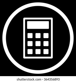 Calculator vector icon. Style is flat circled symbol, white color, rounded angles, black background.