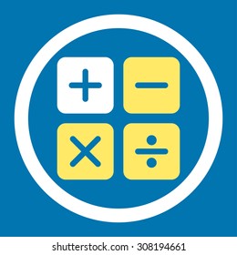 Calculator vector icon. This flat rounded symbol uses yellow and white colors and isolated on a blue background.