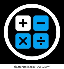 Calculator vector icon. This flat rounded symbol uses blue and white colors and isolated on a black background.