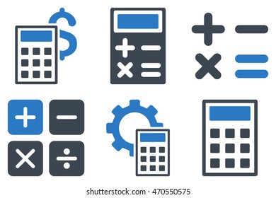 Calculator vector icons. Icon style is bicolor smooth blue flat symbols with rounded angles on a white background.