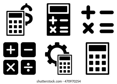 Calculator vector icons. Pictogram style is black flat icons with rounded angles on a white background.