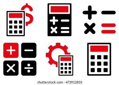 Calculator vector icons. Pictogram style is bicolor intensive red and black flat icons with rounded angles on a white background.