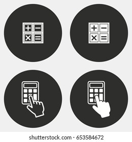 Calculator vector icons set. White illustration isolated for graphic and web design. Circle buttons.