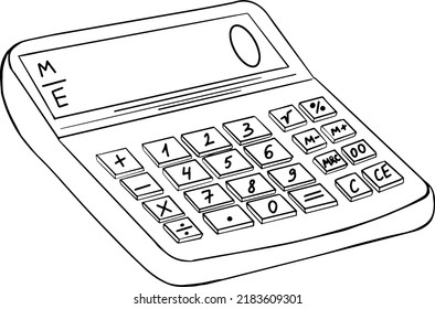 Calculadora. Ilustración vectorial de vuelta a la escuela. Colorear página con material escolar.