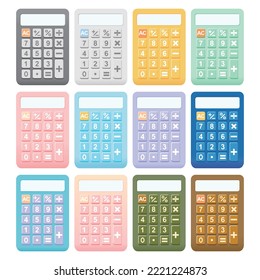 Calculator vector illustration on white background. Basic calculator for business finance calculations and education. Different color calculators are pink, blue, purple..Office or school supplies.