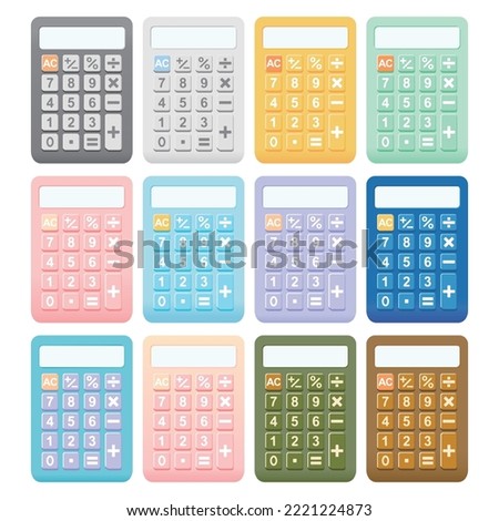Calculator vector illustration on white background. Basic calculator for business finance calculations and education. Different color calculators are pink, blue, purple..Office or school supplies.
