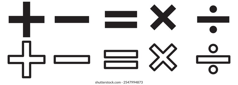 Chave vetorial da calculadora isolada em fundo branco. Adição, subtração. Ícone de símbolos matemáticos. Calculadora, ícone matemático. Pictograma vetorial. Conjunto de ícones de símbolos matemáticos.