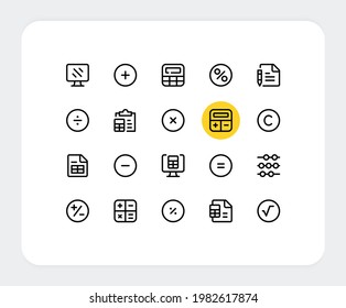 Iconos de la línea vector de la calculadora. Símbolos de contorno simples. Conjunto de iconos de cálculo de vectores