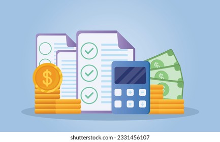 Calculator vector render concept of financial management. calculating financial risk planning, calculator with money coins and banknote.on blue background.Vector Design Illustration.