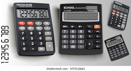 Calculator vector set. Office calculator in black color with School tools for learning top view 3D realistic look for design elements. Vector illustration.