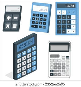 Calculator vector set. Office calculator in black and blue colors with top view 3D realistic look for design elements. Calculator icon set. Basic calculator with set of digits. 2360