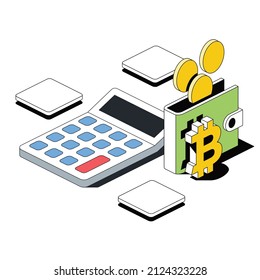 Calculator, Wallet, Bitcoin Coins. Vector 3d Sketch Line Isometric Style, Color Icon Illustration. Creative Design Idea And Infographics Elements.