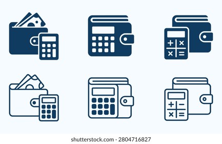 calculator and wallet icon set illustrating personal finance, budgeting, payments