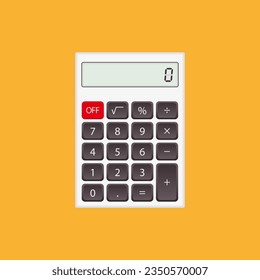 Calculator, white calculator with gray and red buttons isolated on yellow background. Vector calculator.