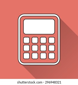 Calculator - white icon with a long shadow on a red background. Vector illustration.