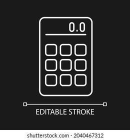 Calculator white linear icon for dark theme. Portable electronic device. Mathematical calculations. Thin line customizable illustration. Isolated vector contour symbol for night mode. Editable stroke