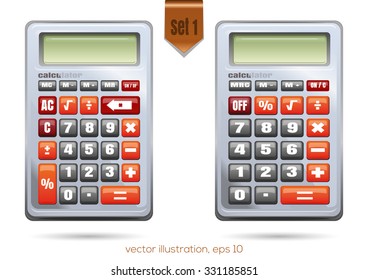 Calculators with a different arrangement of buttons on white background, vector illustration, set 1.