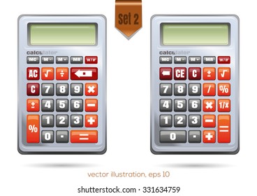 Calculators with a different arrangement of buttons on white background, vector illustration, set 2.