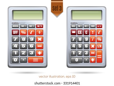 Calculators with a different arrangement of buttons on white background, vector illustration, set 3.