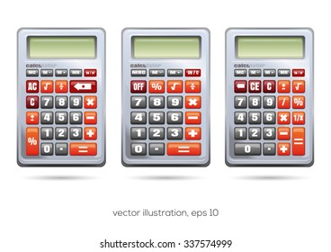 Calculators set with a different arrangement of buttons on a white background. Vector illustration.