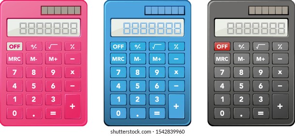 Calculadoras en tres colores diferentes ilustraciones