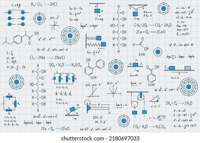 Calculus Equations, Algebra, Organic Chemistry, Chemical Reactions, Chemical Elements, Physics, Rectilinear Motion, Statics, Electromagnetism, Friction Force, Energy, With Grid Sheet Background