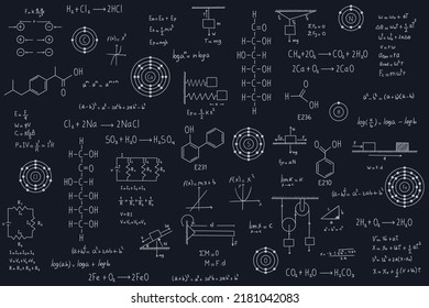 Calculus Equations, Algebra, Organic Chemistry, Chemical Reactions, Chemical Elements, Physics, Rectilinear Motion, Statics, Electromagnetism, Friction Force, Energy, With Black Chalkboard Background