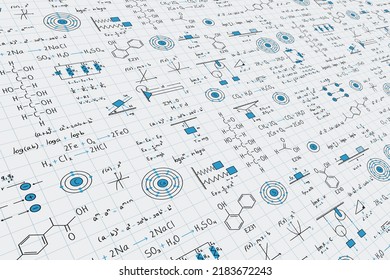 Calculus Equations, Algebra, Organic Chemistry, Chemical Reactions, Chemical Elements, Physics, Rectilinear Motion, Electromagnetism, Energy On A Grid Background In Science And Engineering Perspective