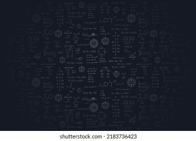 Calculus equations, algebra, organic chemistry, chemical reactions, chemical elements, physics, rectilinear motion, statics, electromagnetism, friction force, energy, on a black background