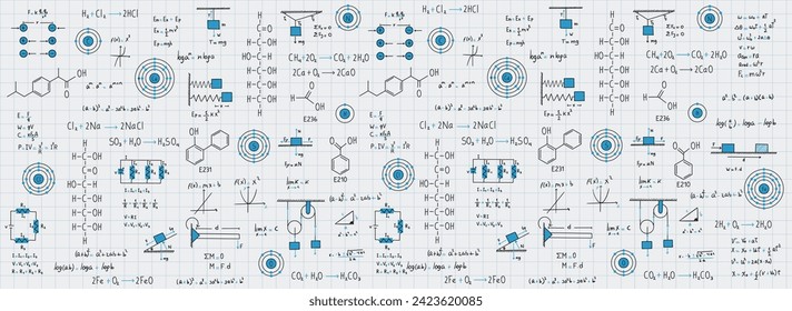 Calculus equations, algebra, organic chemistry, chemical reactions, chemical elements, physics, rectilinear motion, statics, electromagnetism, friction force, energy, with grid sheet background