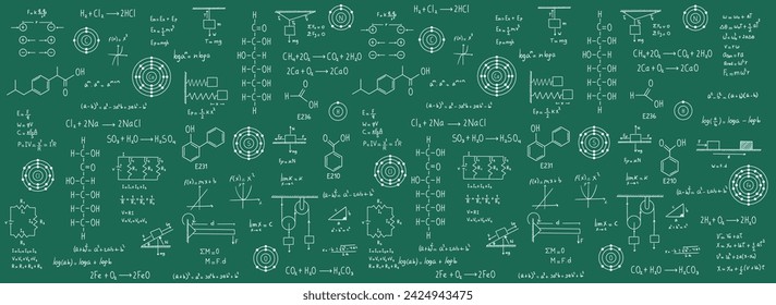 Calculus equations, algebra, organic chemistry, chemical reactions, chemical elements, physics, rectilinear motion, statics, electromagnetism, friction force, energy, with green slate background