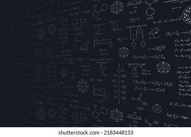 Calculus equations in perspective, algebra, organic chemistry, chemical reactions, chemical elements, physics, rectilinear motion, statics, electromagnetism, energy, on a black background