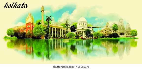 CALCUTTA vector panoramic water color illustration