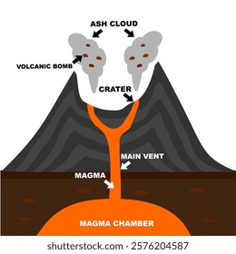 Caldera Volcano vector illustration. Geography learning explanation. Parts of volcano vector diagram. Printable graphic for book or digital usage